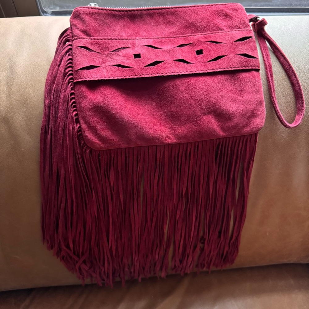 Pinko Fringe Suede Wristlet Clutch Red cutout tassel texture designer Italy - Picture 3 of 11